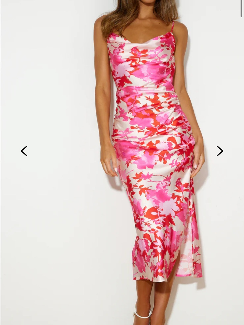 Hello Molly Pink & Red Floral Satin Cowl Midi Dress